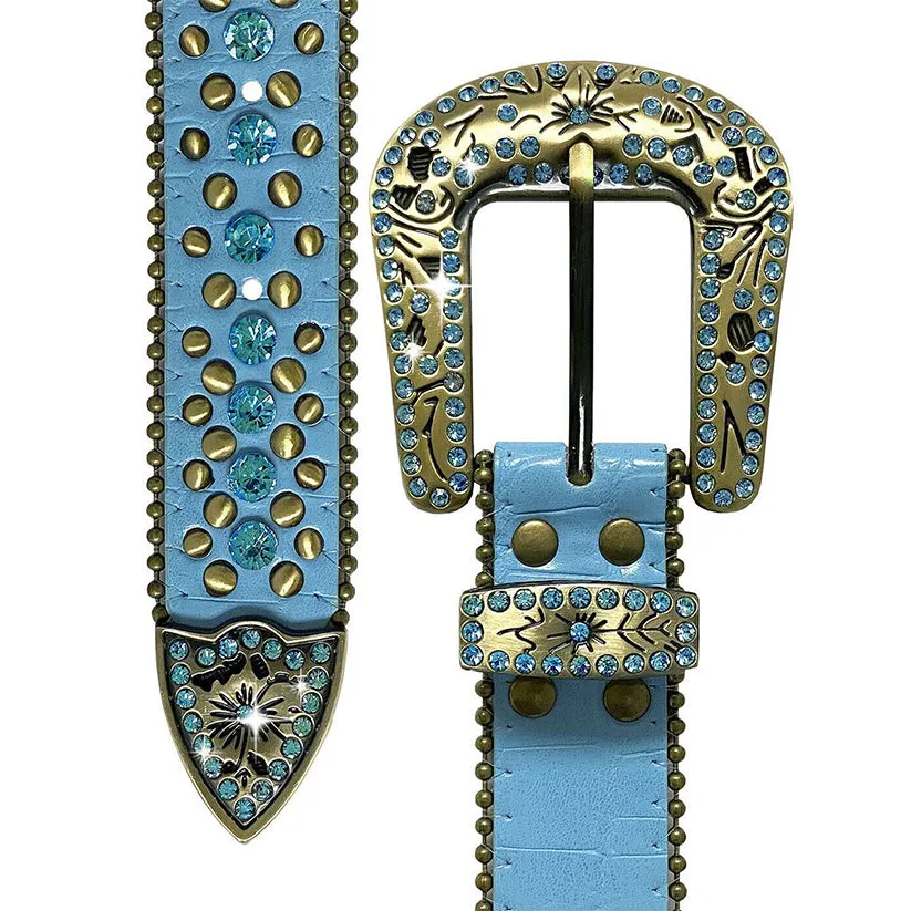 Engraved Buckle Western Blue Strap With Blue Studded Rhinestone Belt