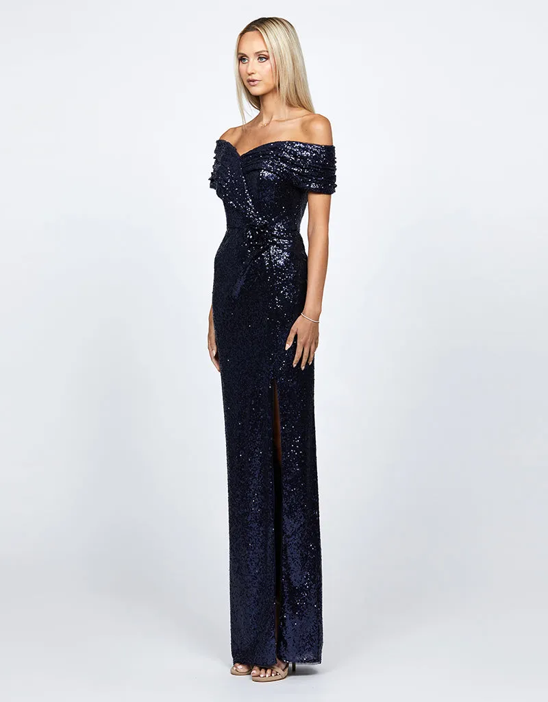 EVANIE DRAPED OFF SHOULDER SEQUIN GOWN B68D12L