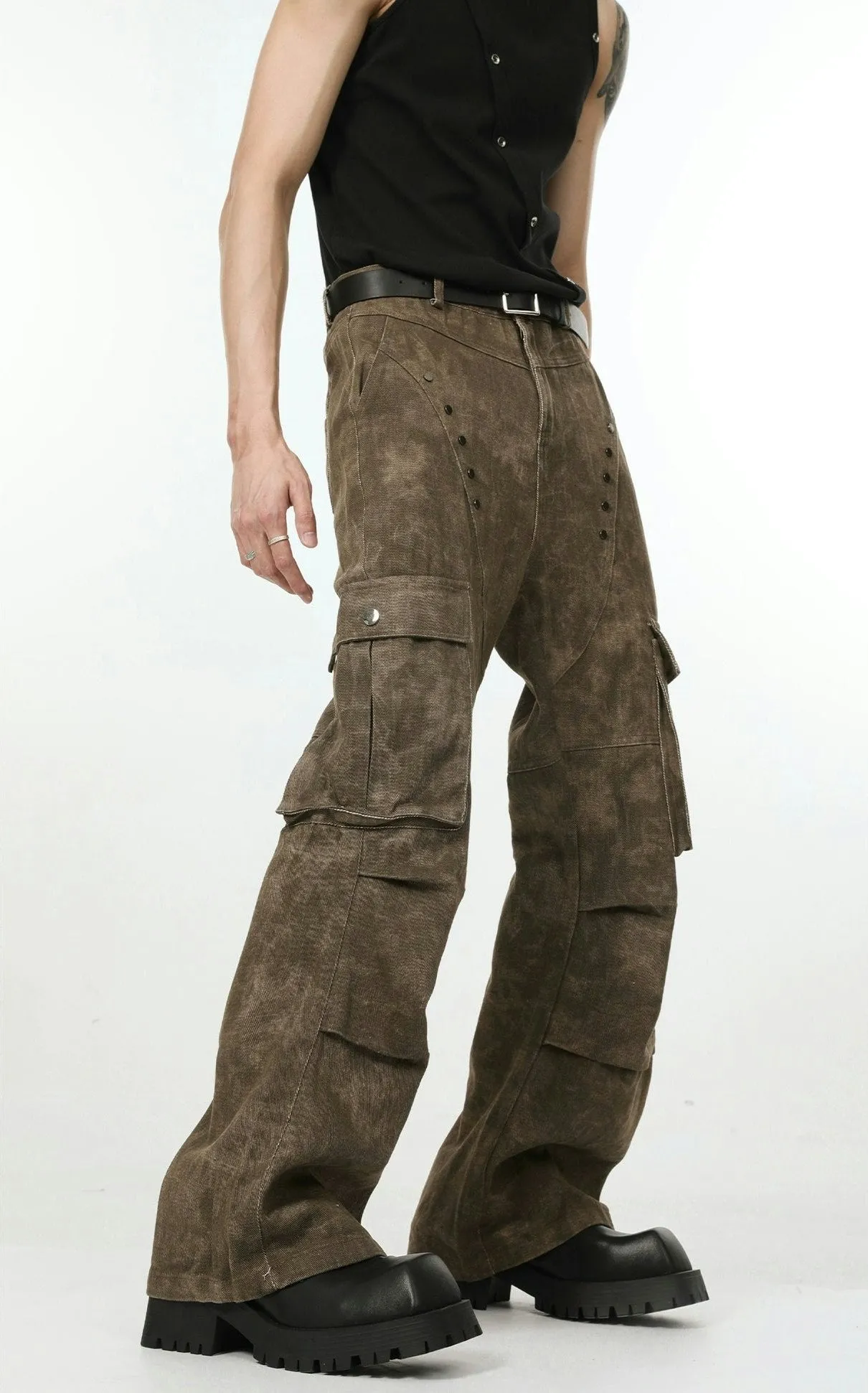 Faded Camo-Wash Multi-Pocket Cargo Trousers