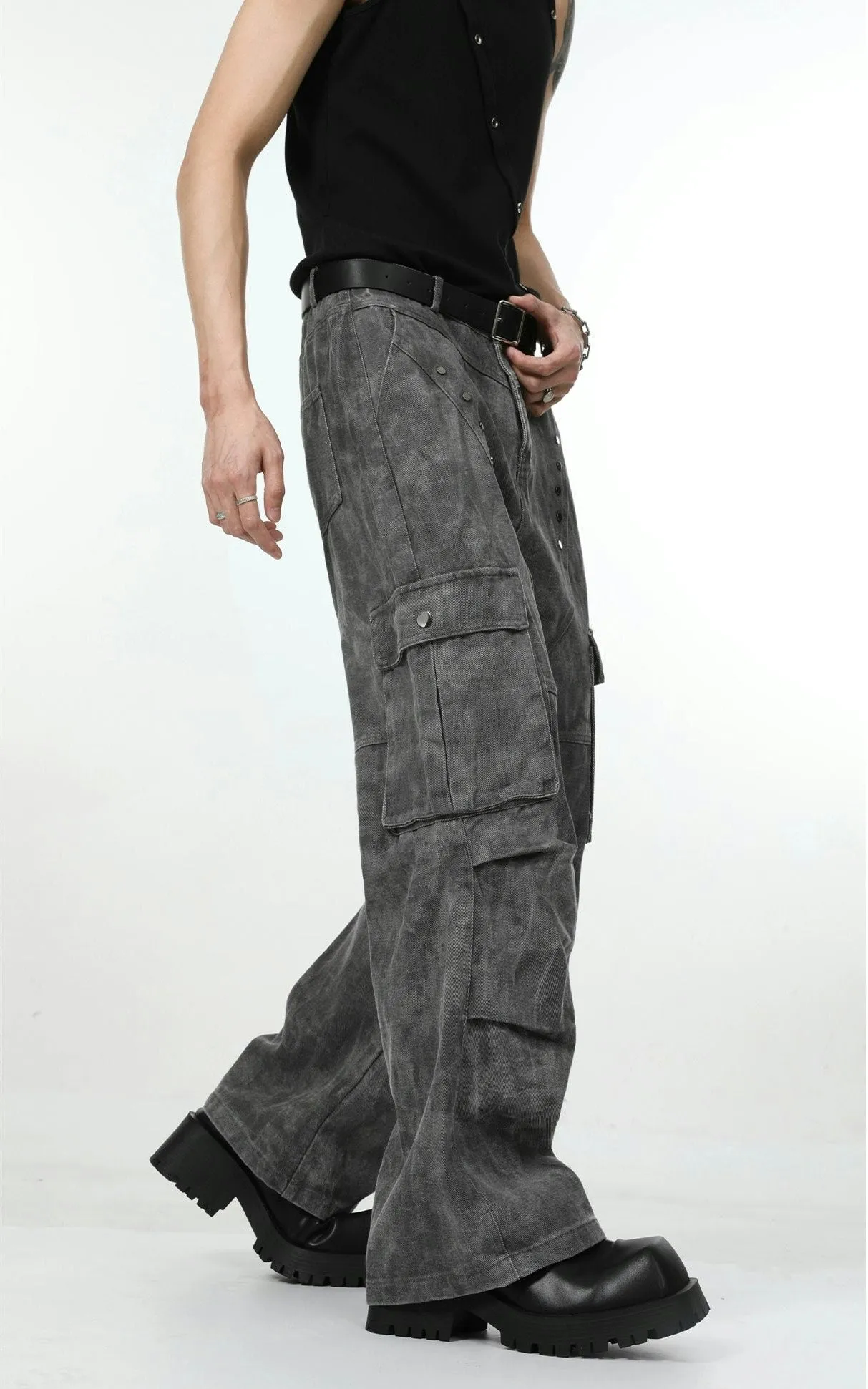 Faded Camo-Wash Multi-Pocket Cargo Trousers