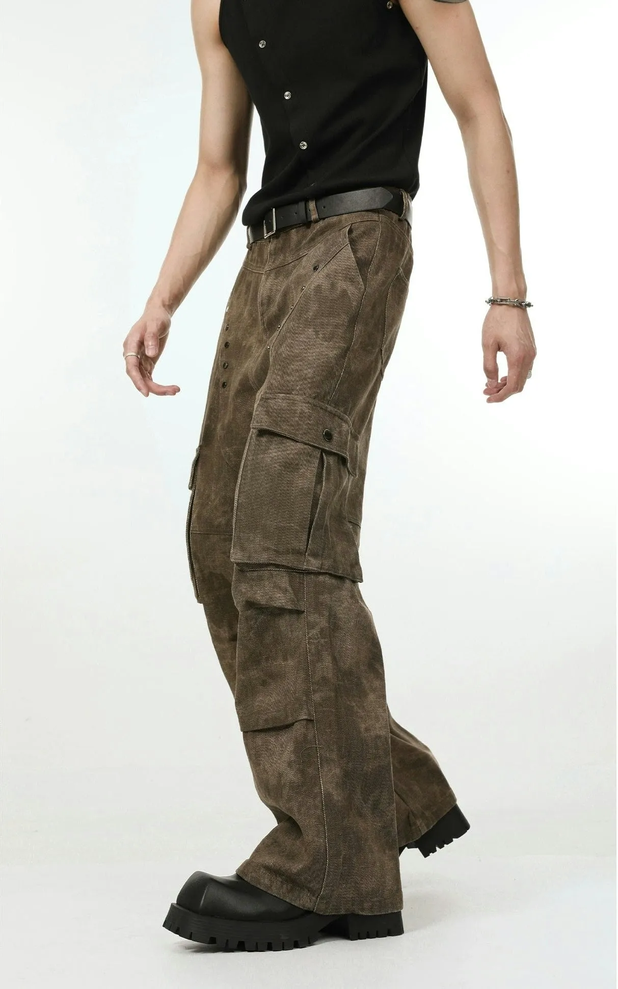 Faded Camo-Wash Multi-Pocket Cargo Trousers