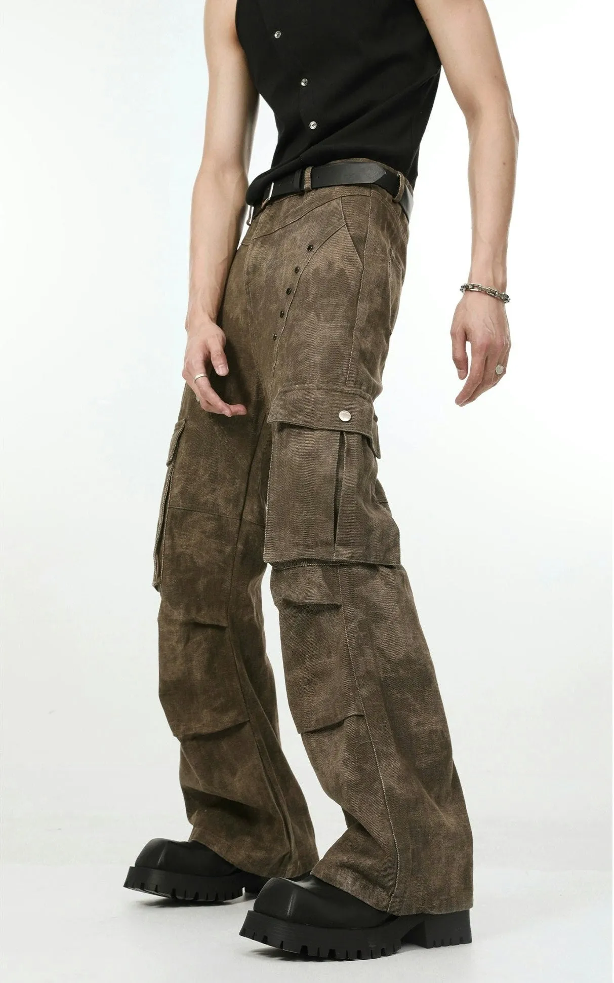 Faded Camo-Wash Multi-Pocket Cargo Trousers