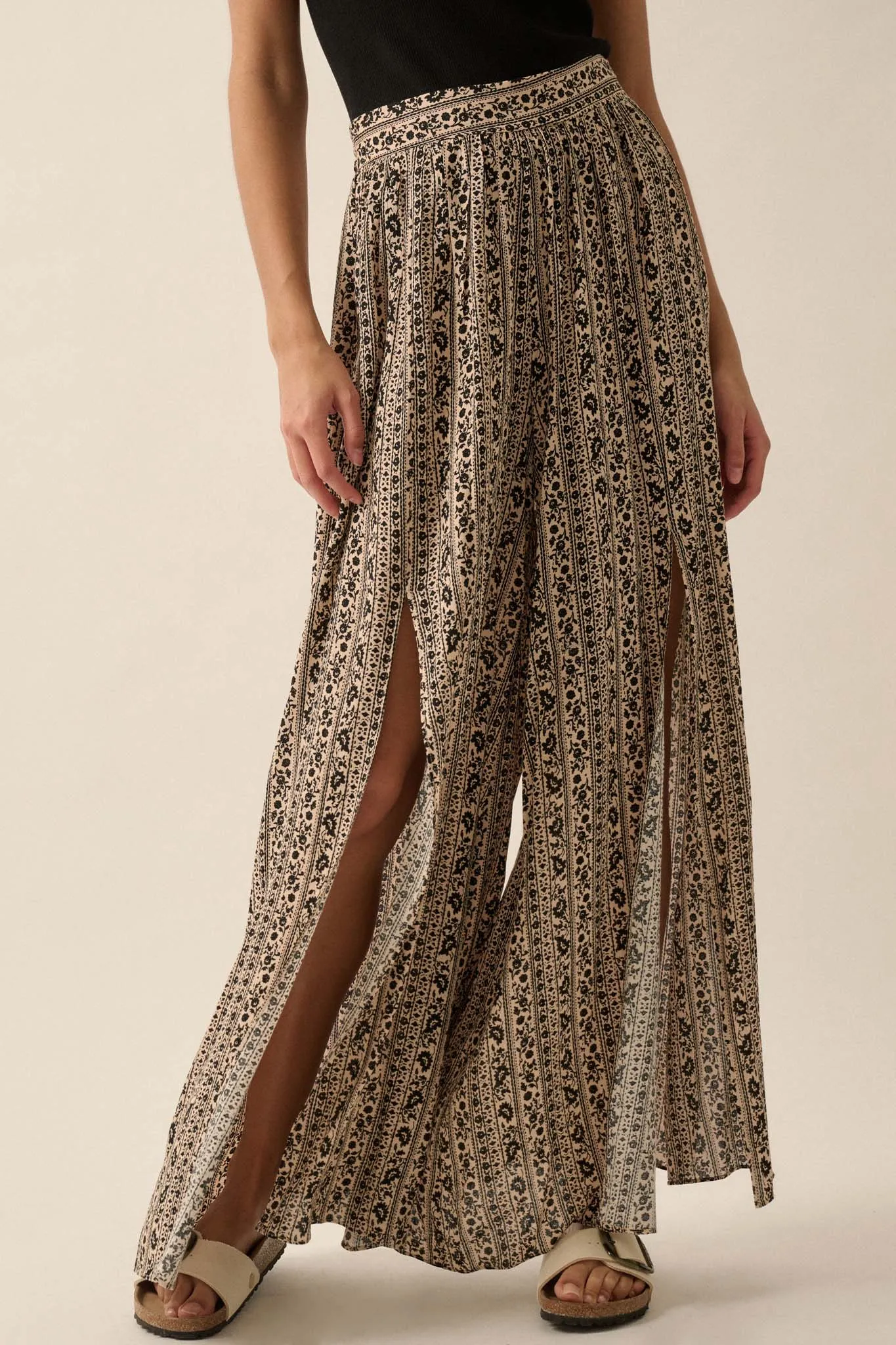 Far Beyond Floral-Stripe Split Wide-Leg Pants