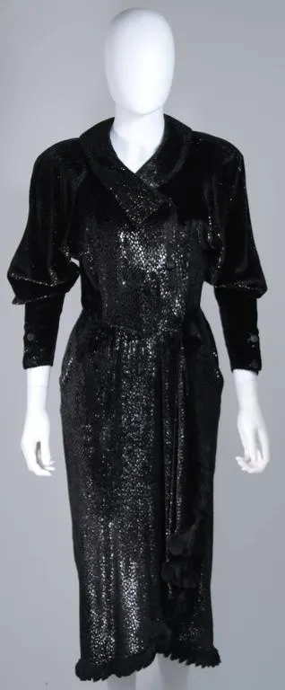 FENDI 1980s Black Reflective Velvet Texture Wrap Dress w/ Mink 42