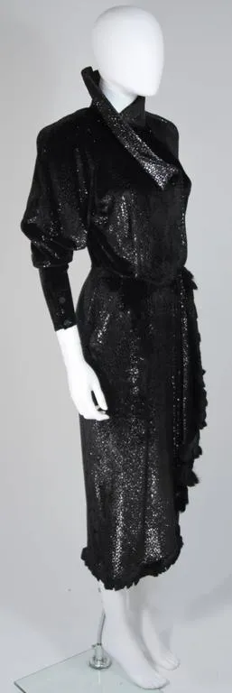 FENDI 1980s Black Reflective Velvet Texture Wrap Dress w/ Mink 42