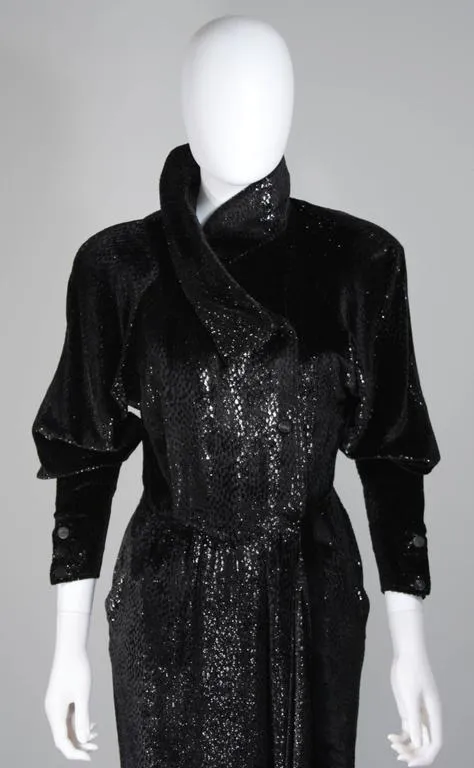 FENDI 1980s Black Reflective Velvet Texture Wrap Dress w/ Mink 42