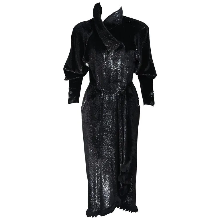 FENDI 1980s Black Reflective Velvet Texture Wrap Dress w/ Mink 42