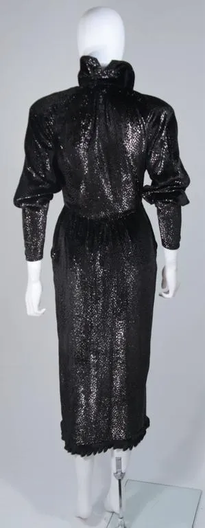 FENDI 1980s Black Reflective Velvet Texture Wrap Dress w/ Mink 42