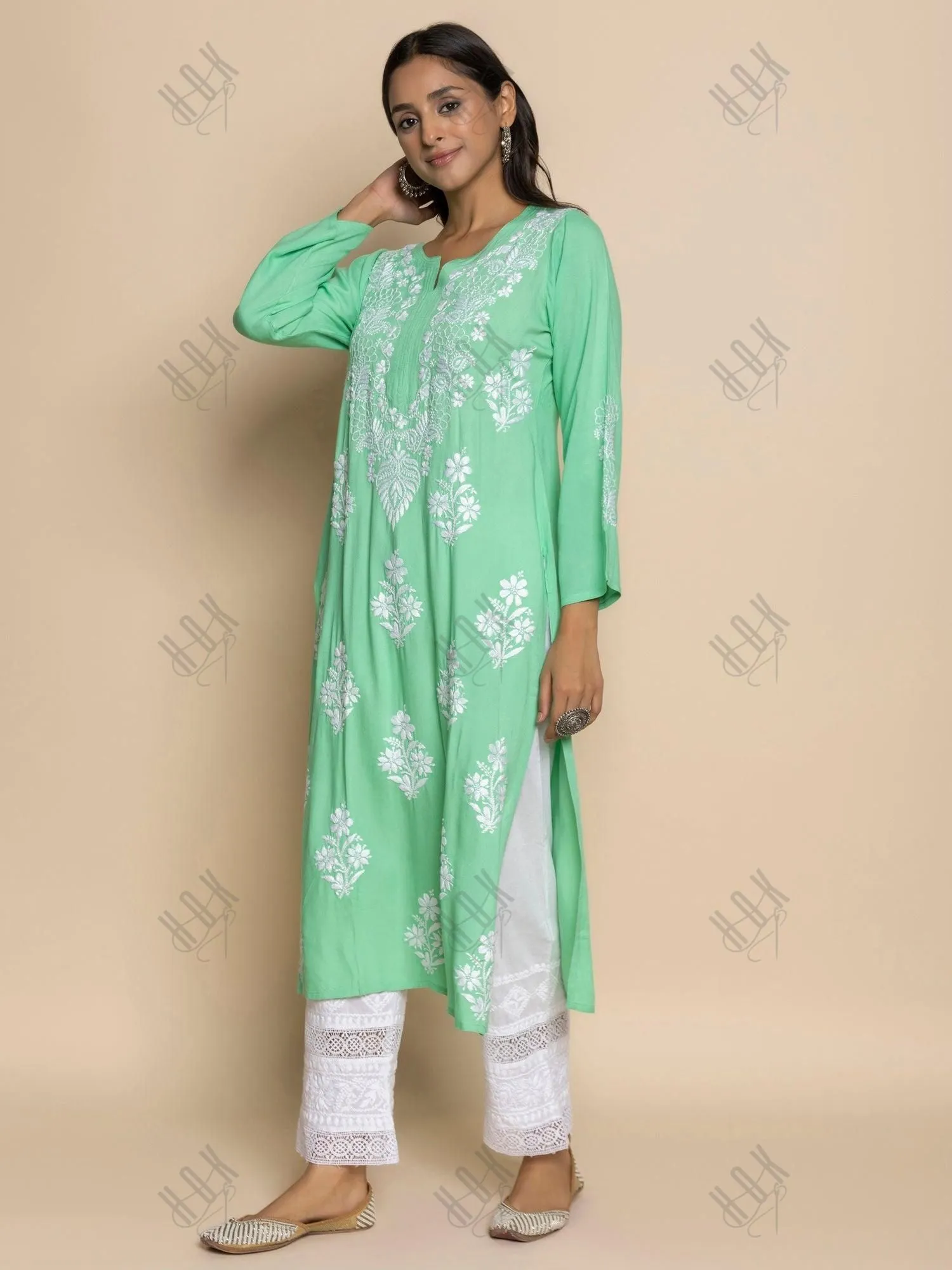 Fizaa Hand Embroidered Chikankari Kurta in Sea Green