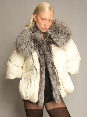 Fur Trim Puffer Jacket in Cream & Gray