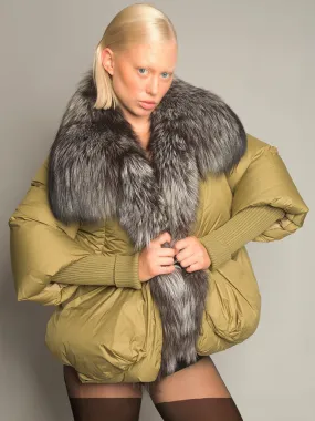 Fur Trim Puffer Jacket in Khaki & Gray