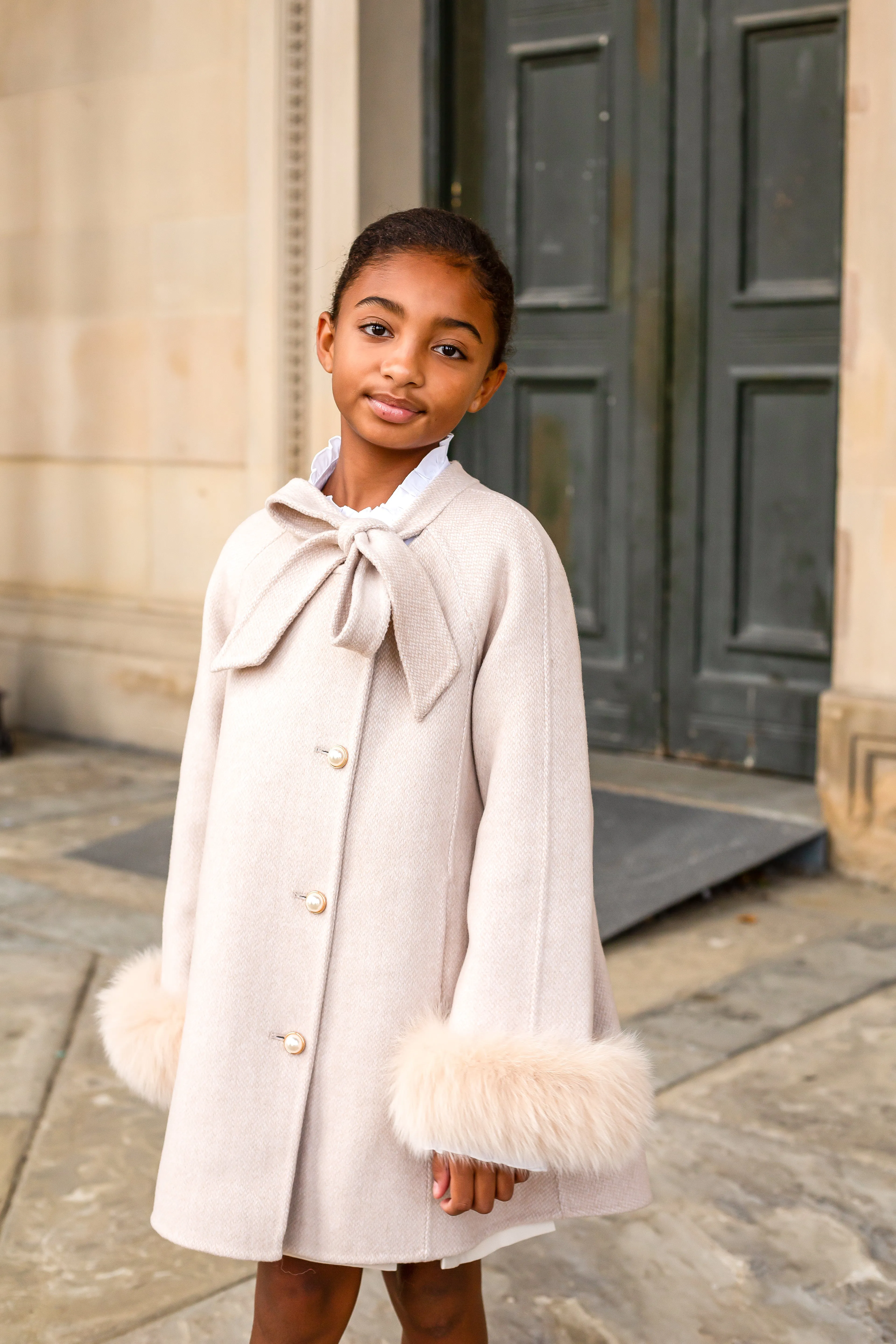 'Grace' Bow Cashmere Coat - NUDE