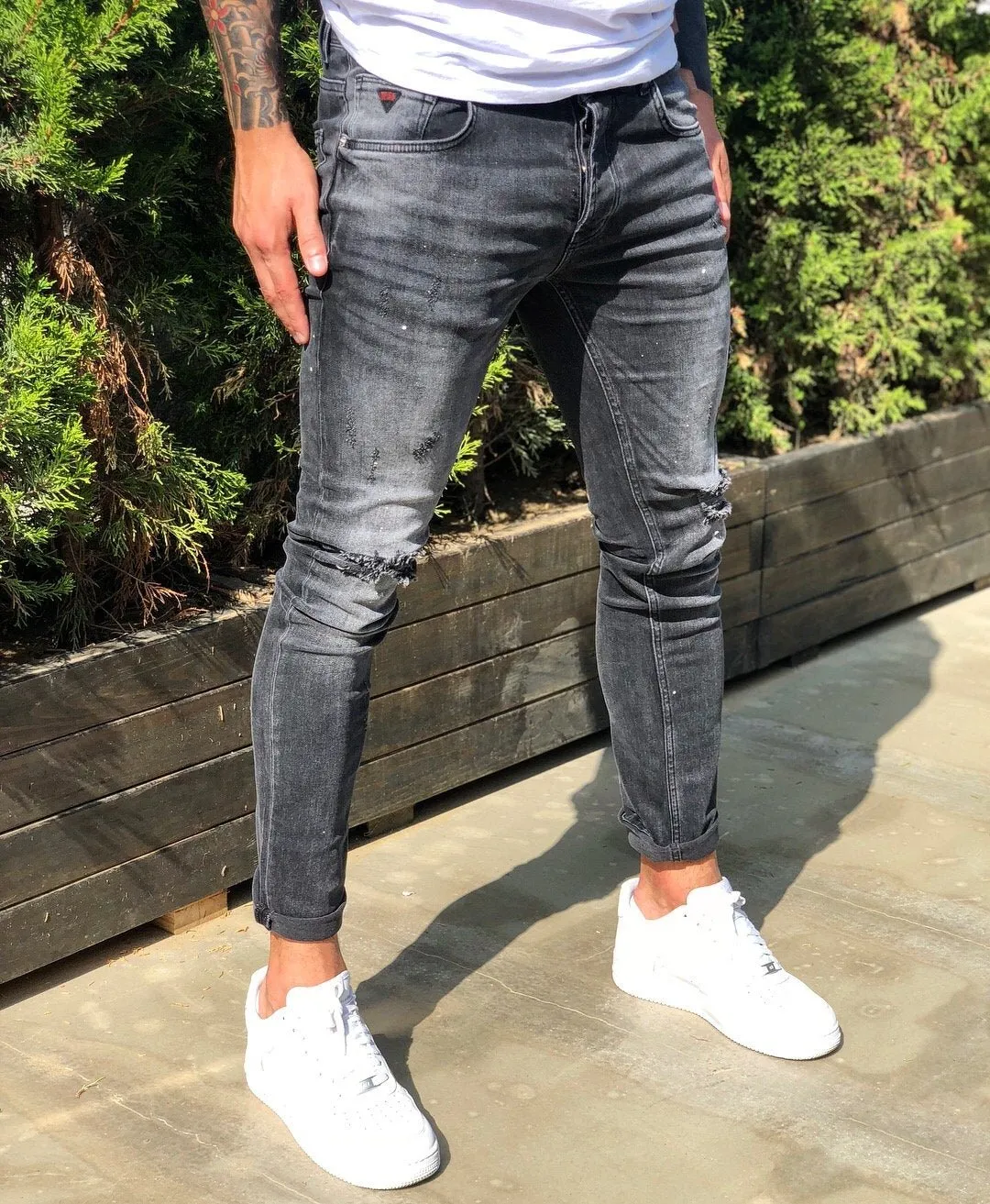 Gray Distressed Skinny Fit Denim B229 Streetwear Jeans