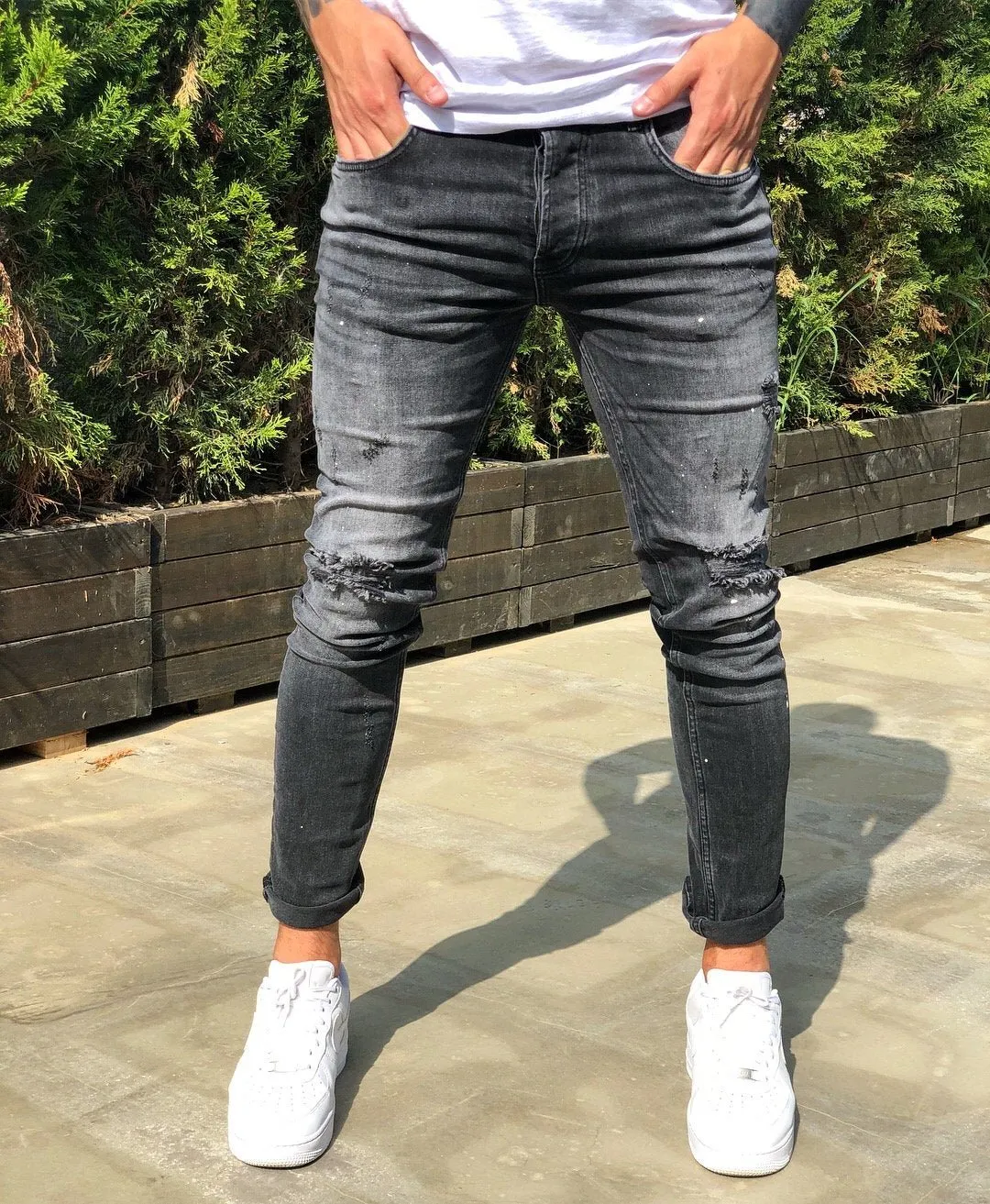 Gray Distressed Skinny Fit Denim B229 Streetwear Jeans