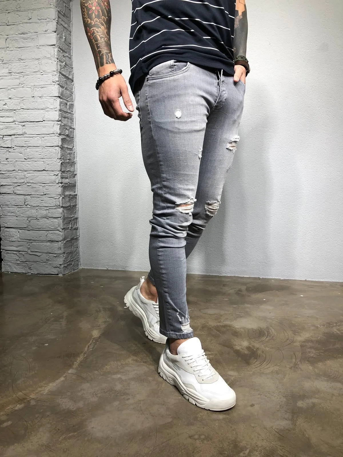 Gray Washed Ripped Ultra Skinny Fit Denim BL205 Streetwear Jeans