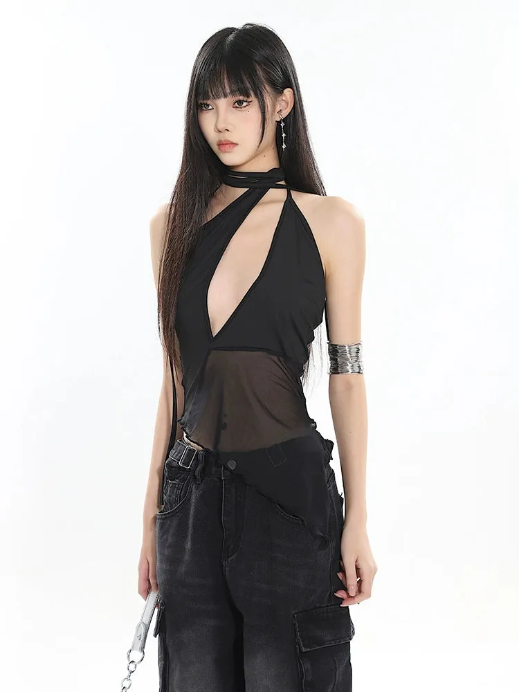 Halter Neck Cutout Top with Wraparound Scarf Detail