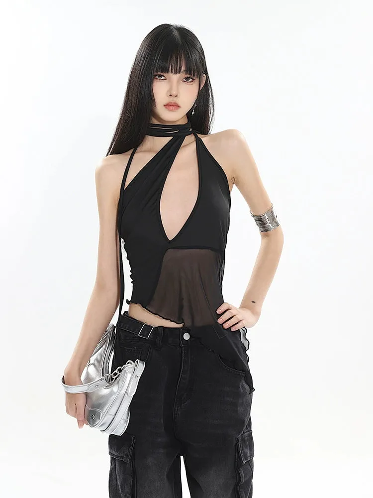 Halter Neck Cutout Top with Wraparound Scarf Detail