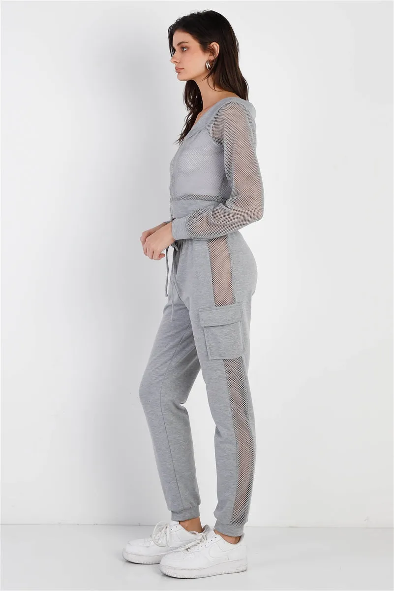 Heather Grey Contrast Fishnet Zip-up Top & Pants Set