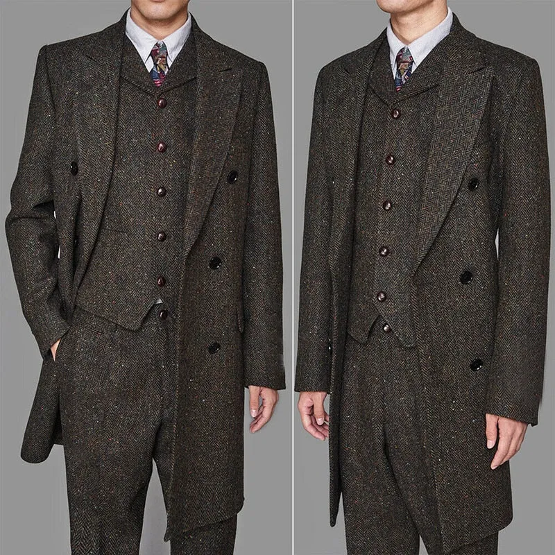 Herringbone Vintage Long Style Vested Suits 3pcs Peaky Blinder Jacket Vest Pant