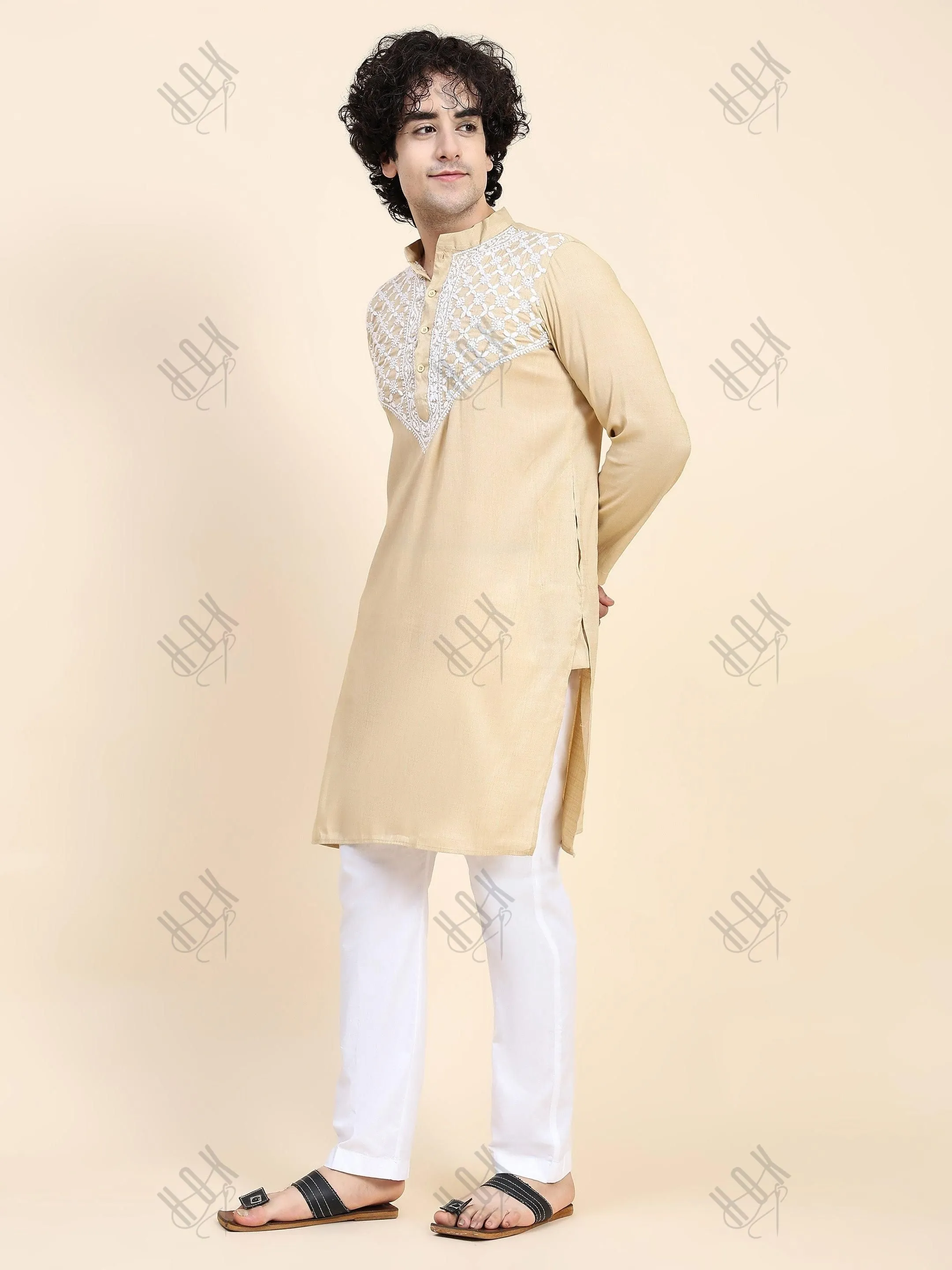 HOK Men's Chikankari Kurta in Cotton Silk Blend - Beige