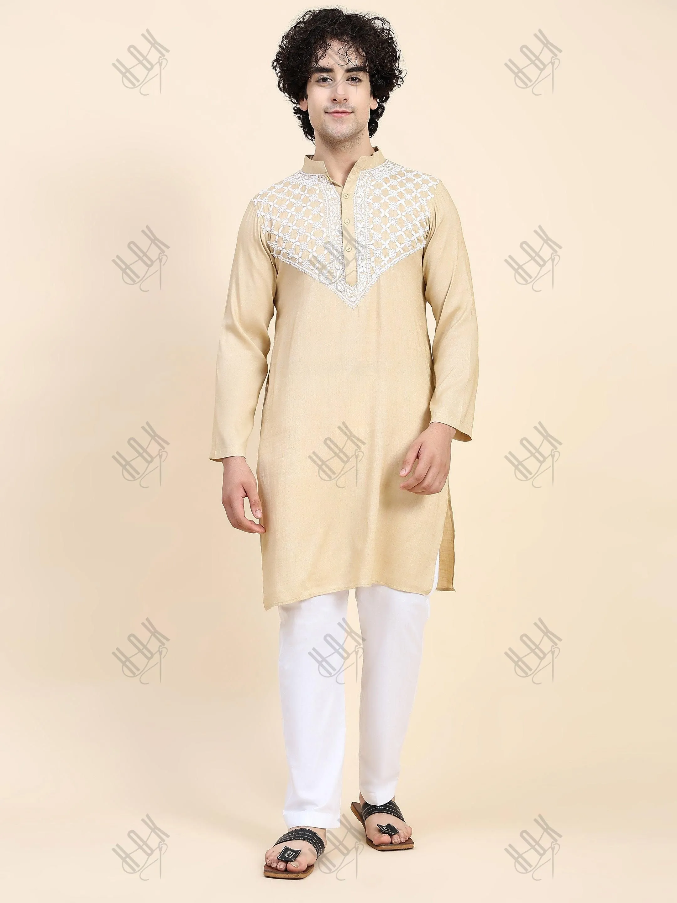 HOK Men's Chikankari Kurta in Cotton Silk Blend - Beige