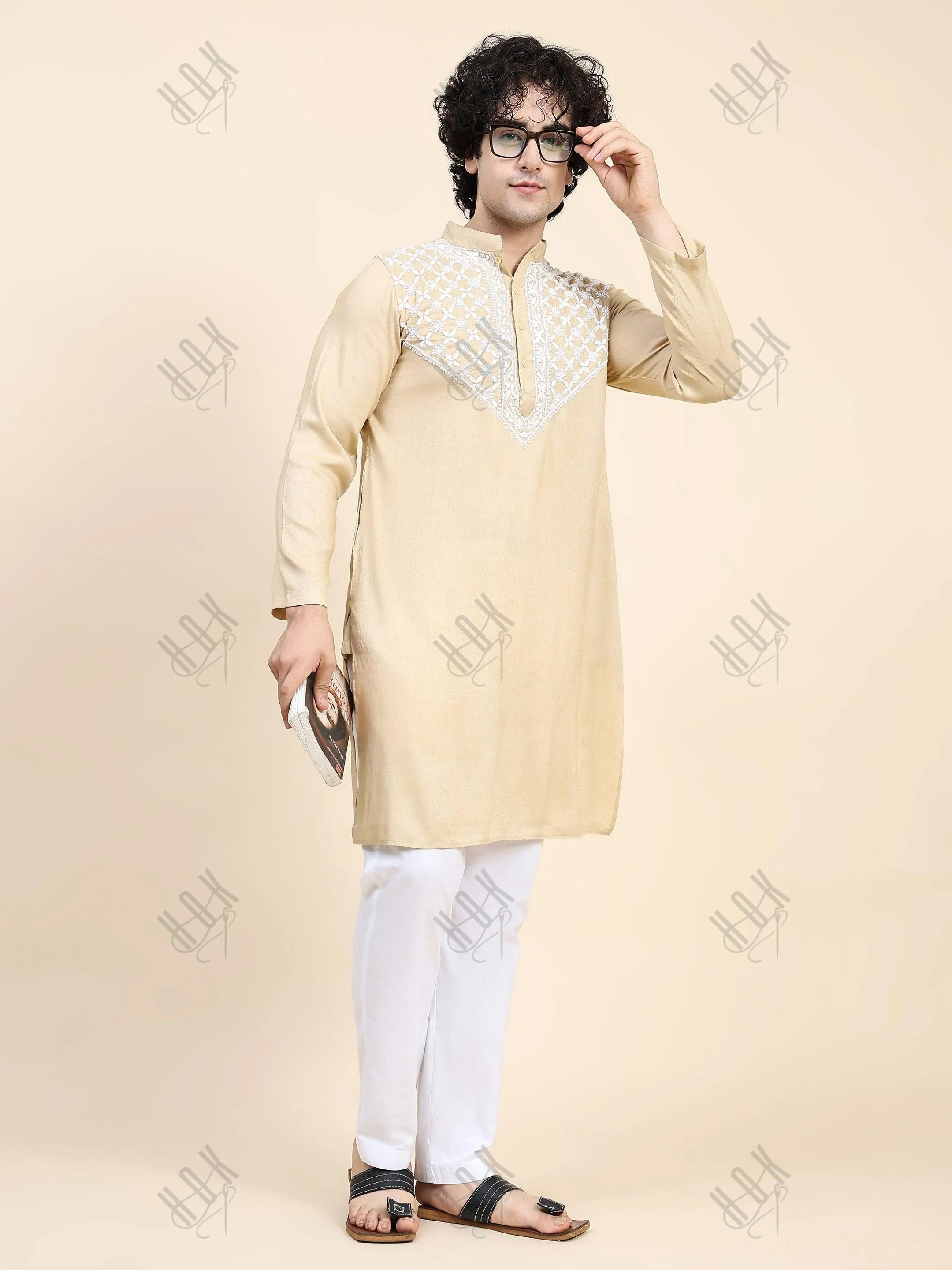 HOK Men's Chikankari Kurta in Cotton Silk Blend - Beige