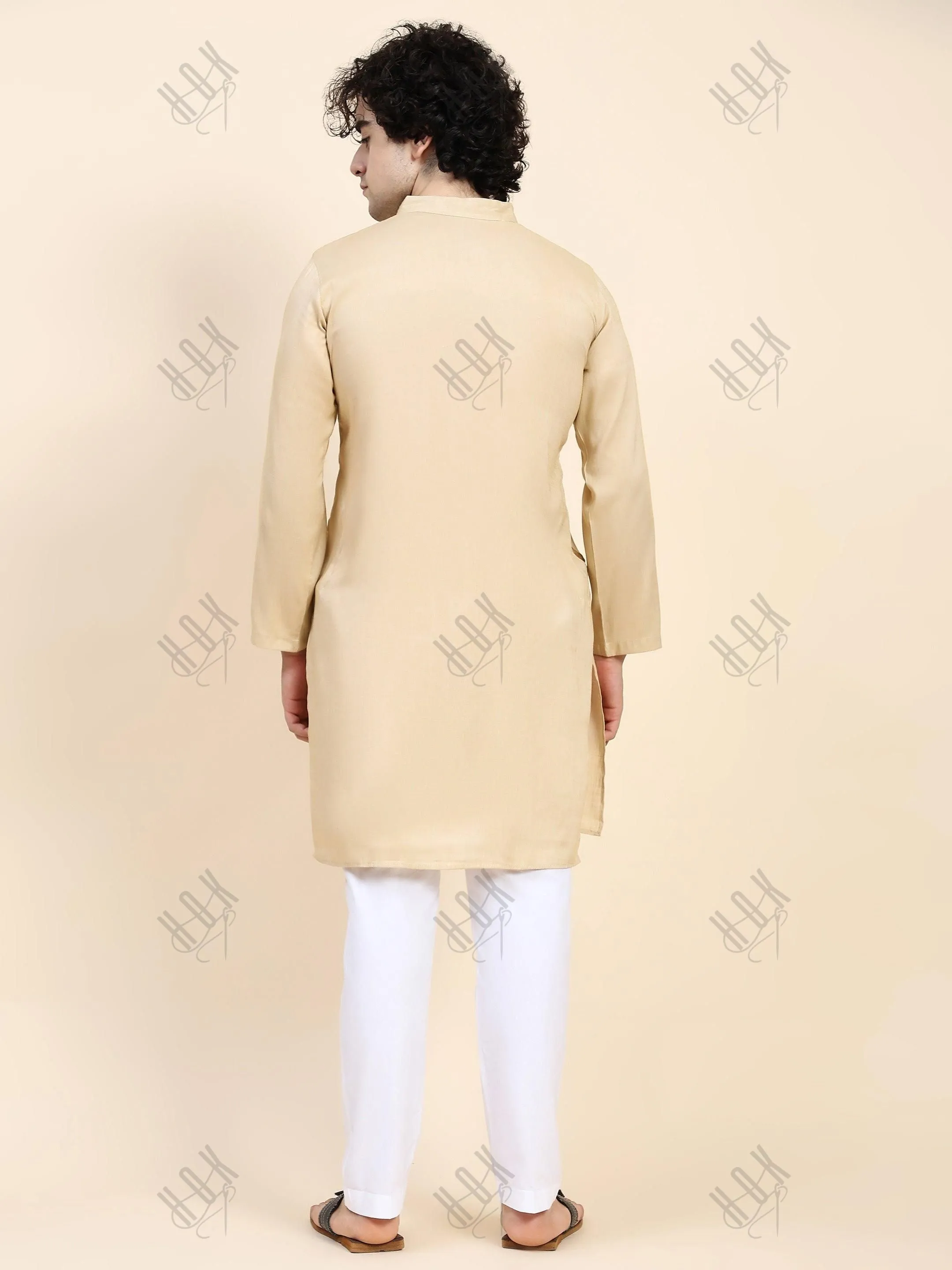 HOK Men's Chikankari Kurta in Cotton Silk Blend - Beige