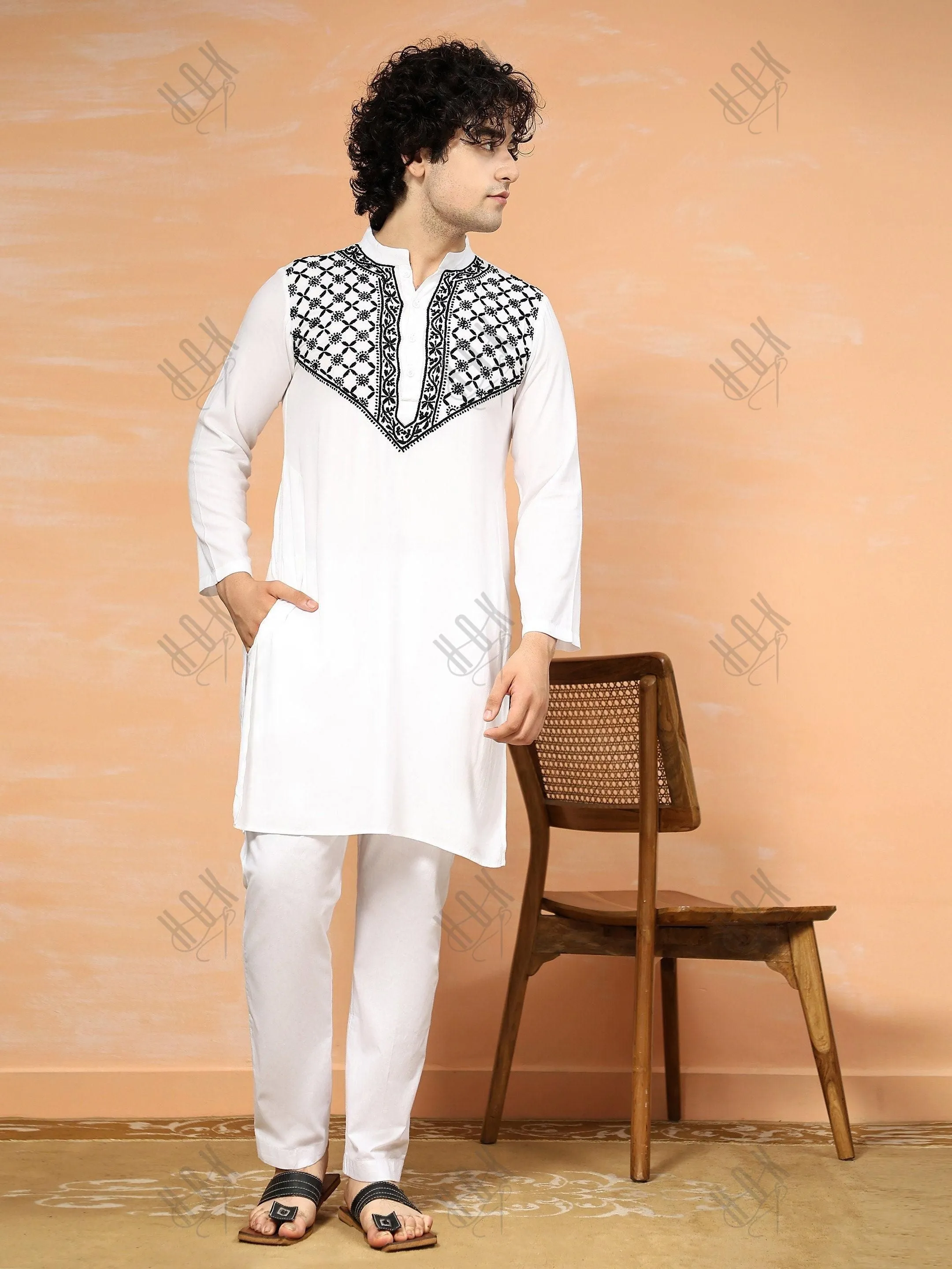 HOK Men's Chikankari Kurta in Rayon Cotton - White