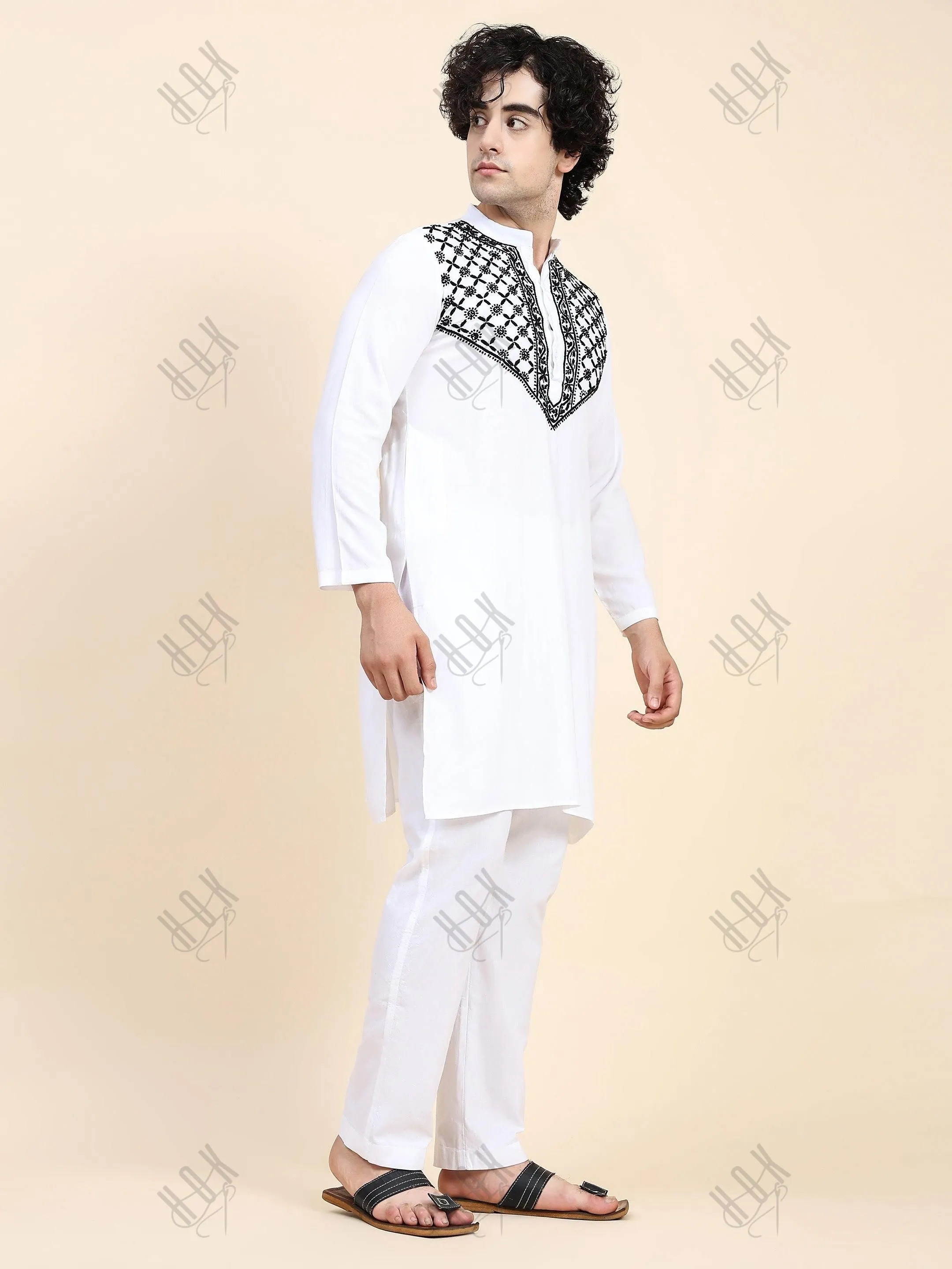 HOK Men's Chikankari Kurta in Rayon Cotton - White