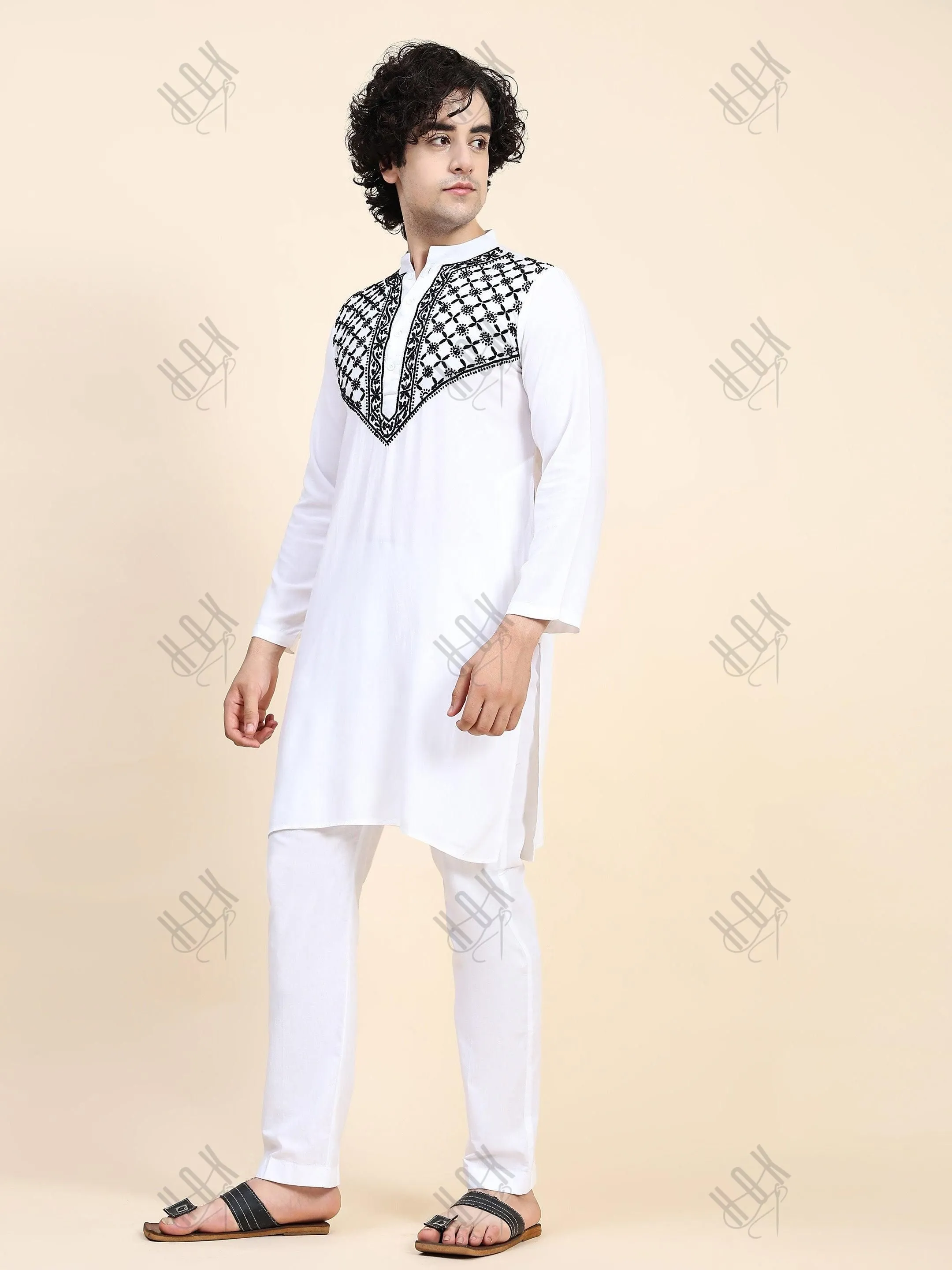 HOK Men's Chikankari Kurta in Rayon Cotton - White