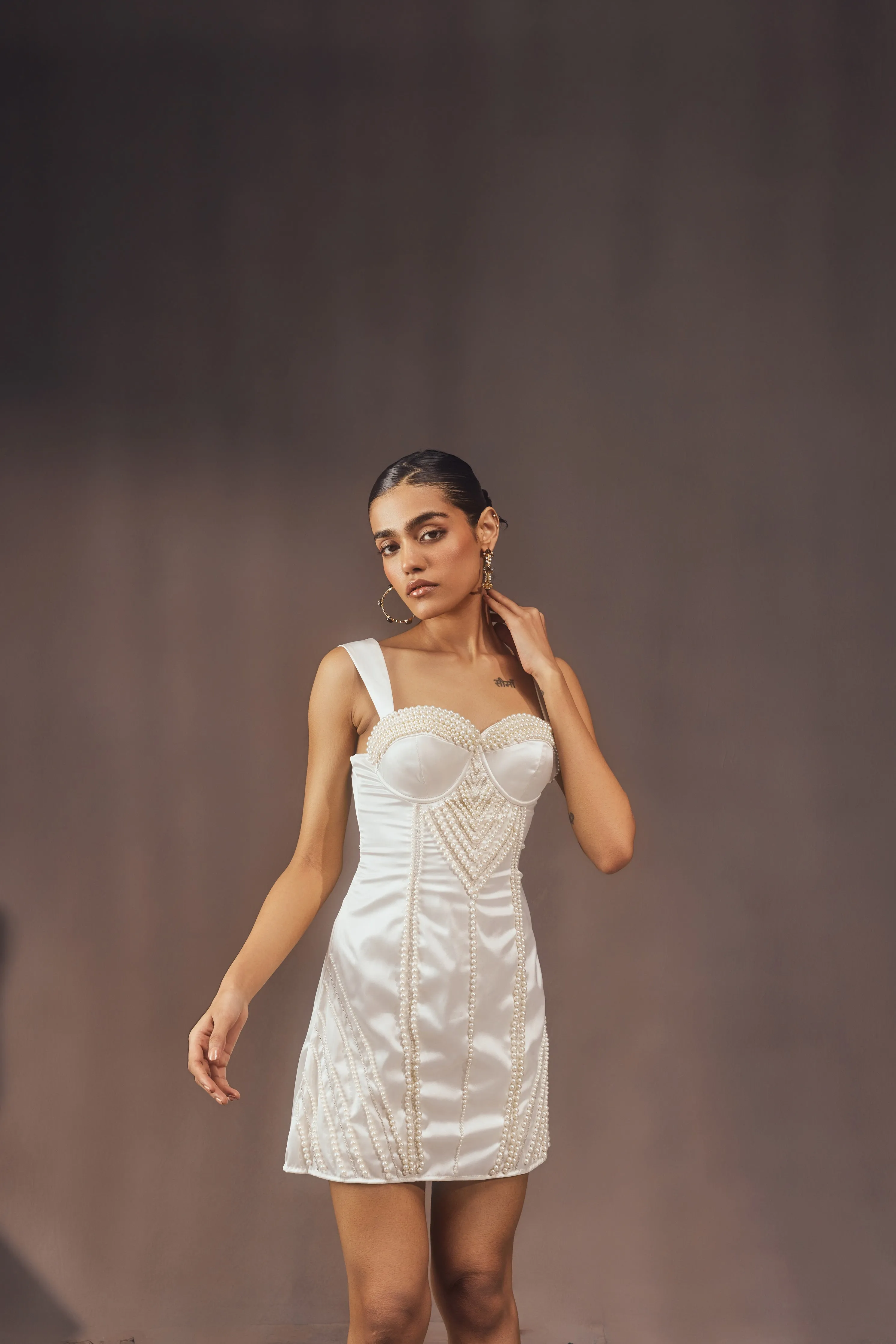 Kamiko White Pearl Hand-Embroidered Mini Corset Dress