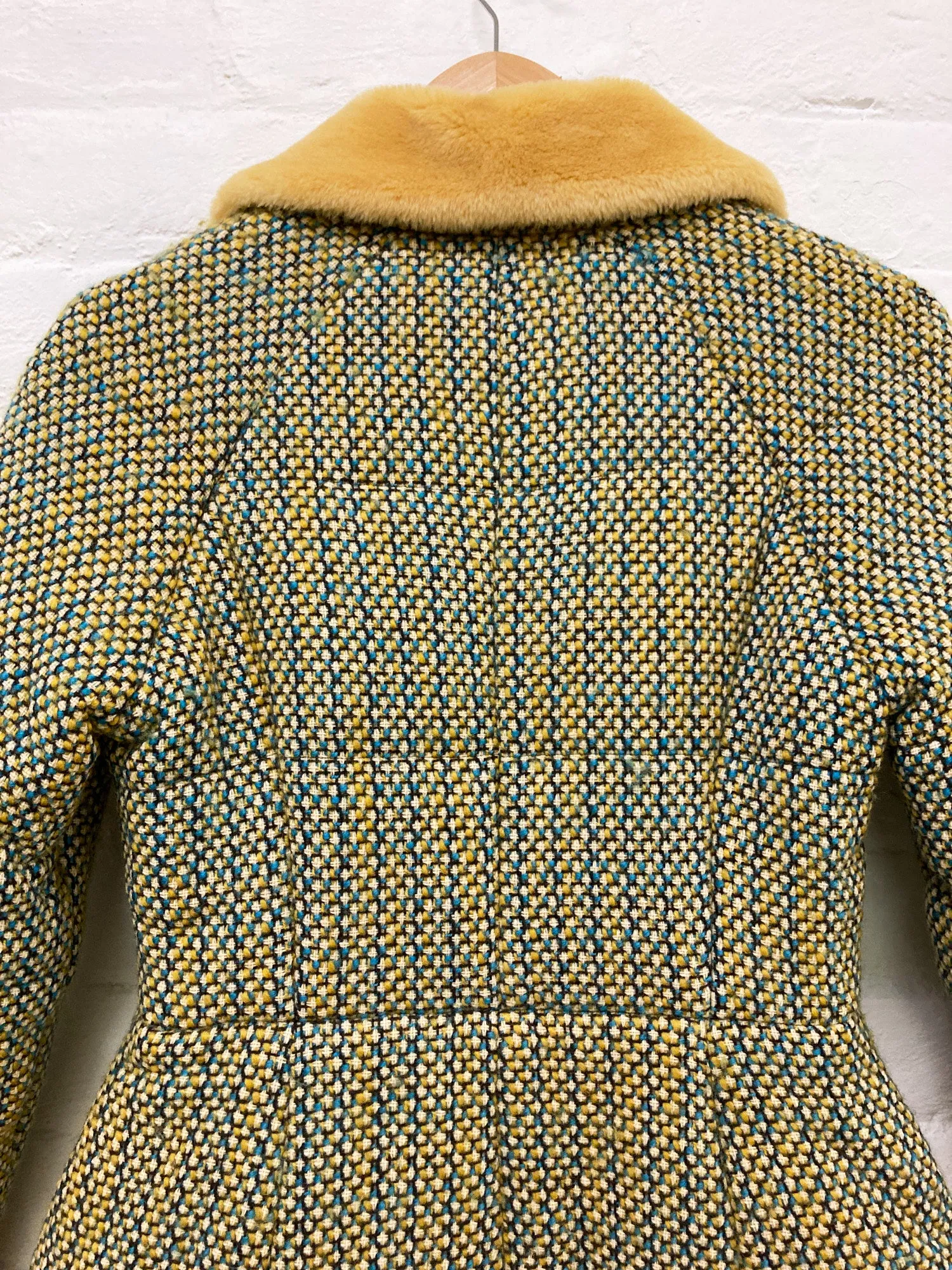 Kenzo Club padded green tweed zip jacket with faux fur collar - size 38