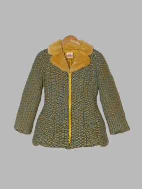 Kenzo Club padded green tweed zip jacket with faux fur collar - size 38