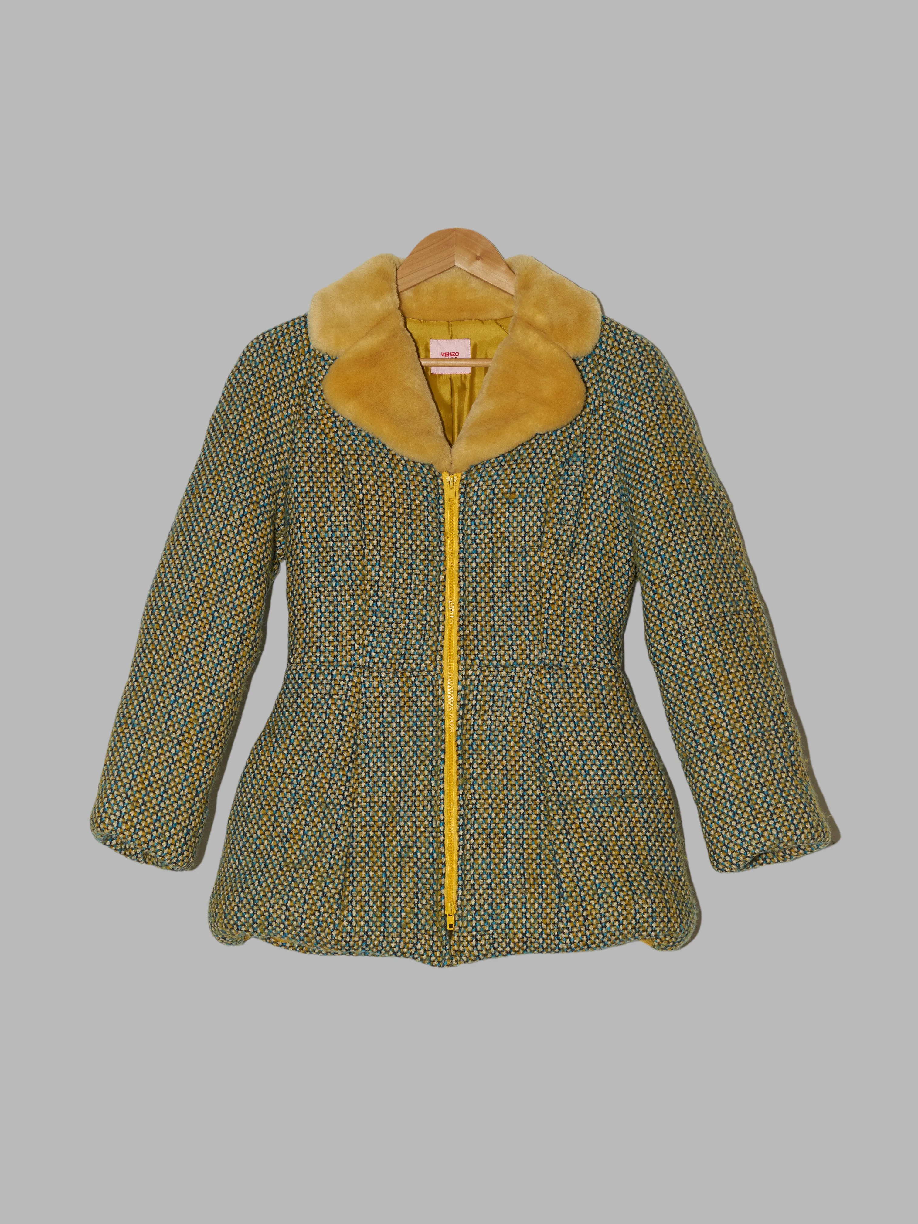 Kenzo Club padded green tweed zip jacket with faux fur collar - size 38