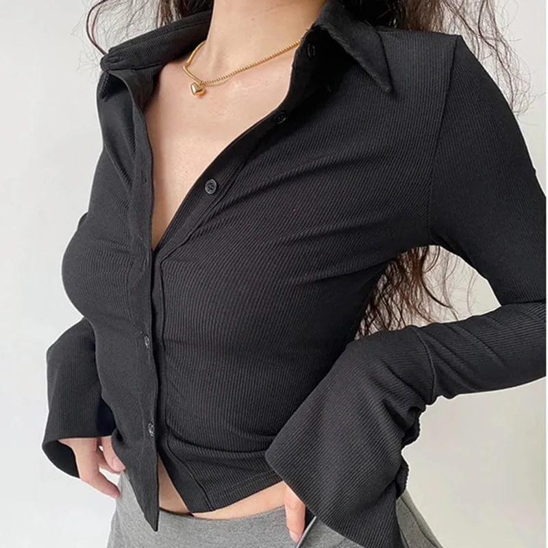 Lapel Single-Breasted Flared Collar Solid Sleeve Blouse - Women's Slim Fit Long-Sleeve Shirt