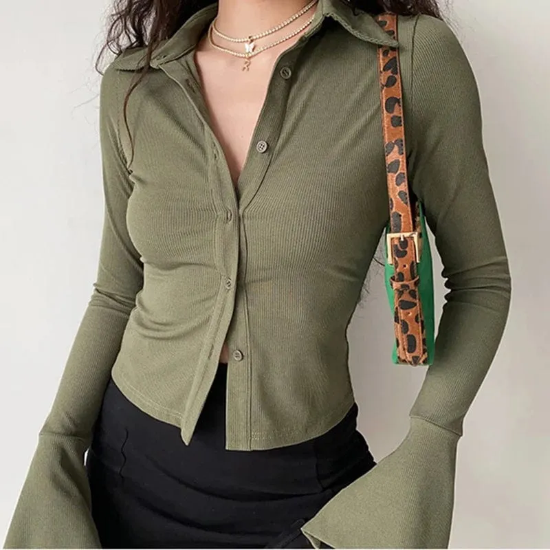 Lapel Single-Breasted Flared Collar Solid Sleeve Blouse - Women's Slim Fit Long-Sleeve Shirt