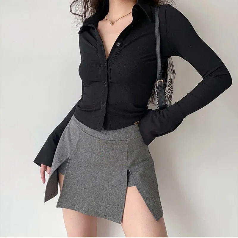 Lapel Single-Breasted Flared Collar Solid Sleeve Blouse - Women's Slim Fit Long-Sleeve Shirt