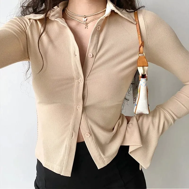 Lapel Single-Breasted Flared Collar Solid Sleeve Blouse - Women's Slim Fit Long-Sleeve Shirt