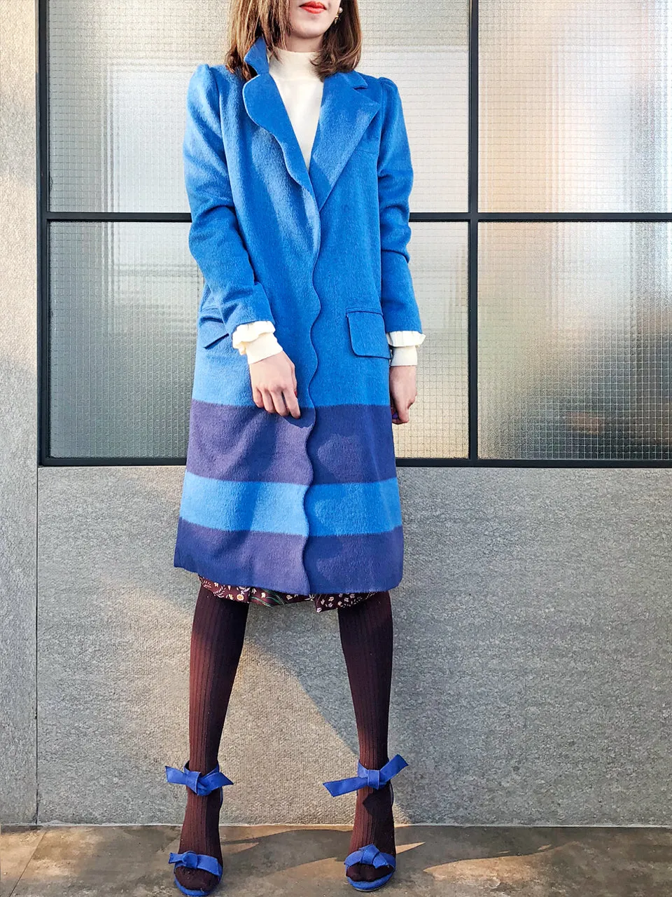 Last Chance! Blue Scallop Trim Wool & Cashmere Blend Coat