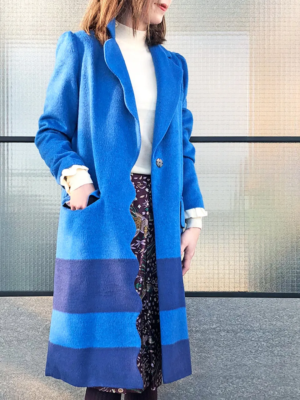 Last Chance! Blue Scallop Trim Wool & Cashmere Blend Coat