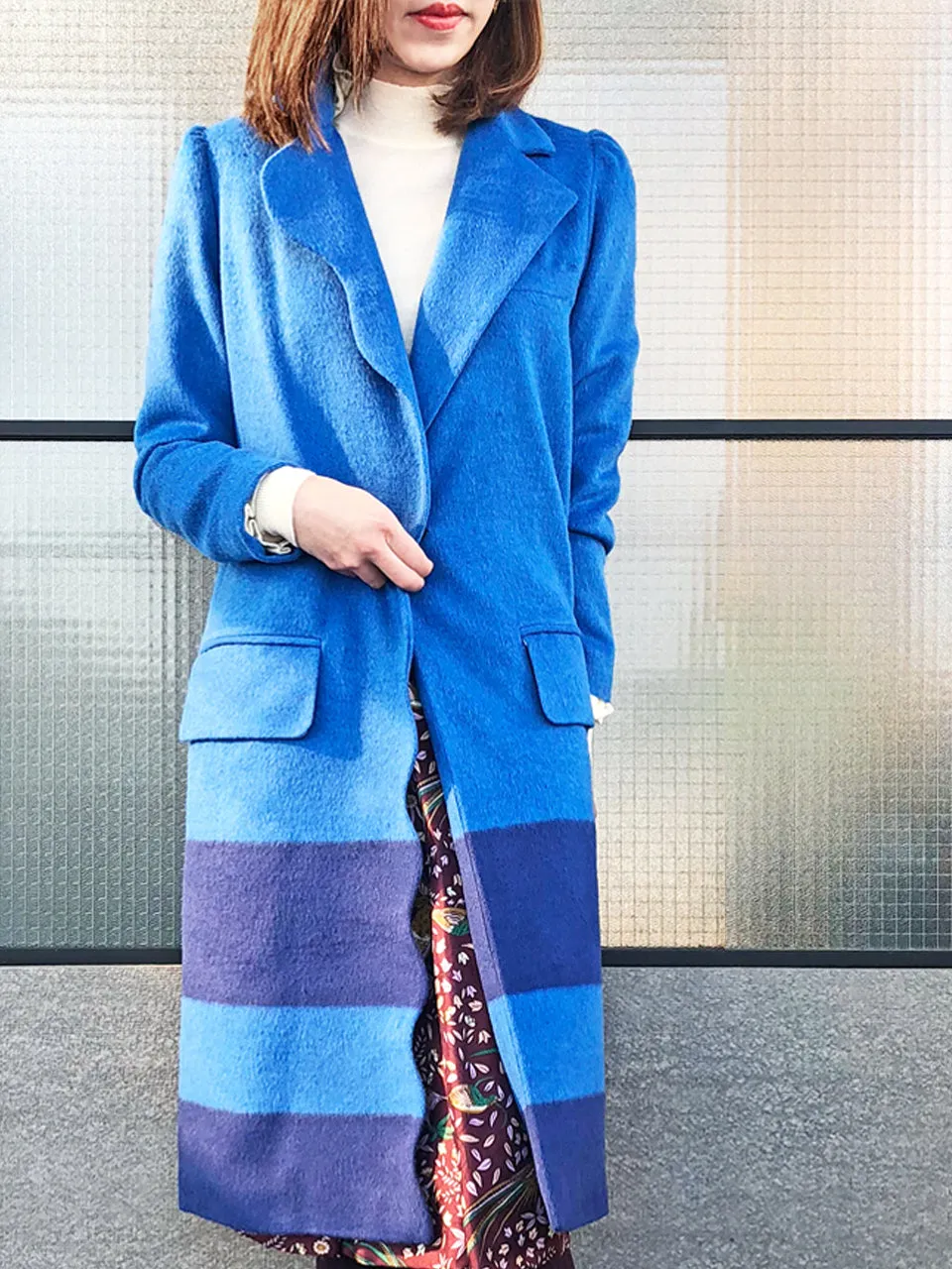 Last Chance! Blue Scallop Trim Wool & Cashmere Blend Coat