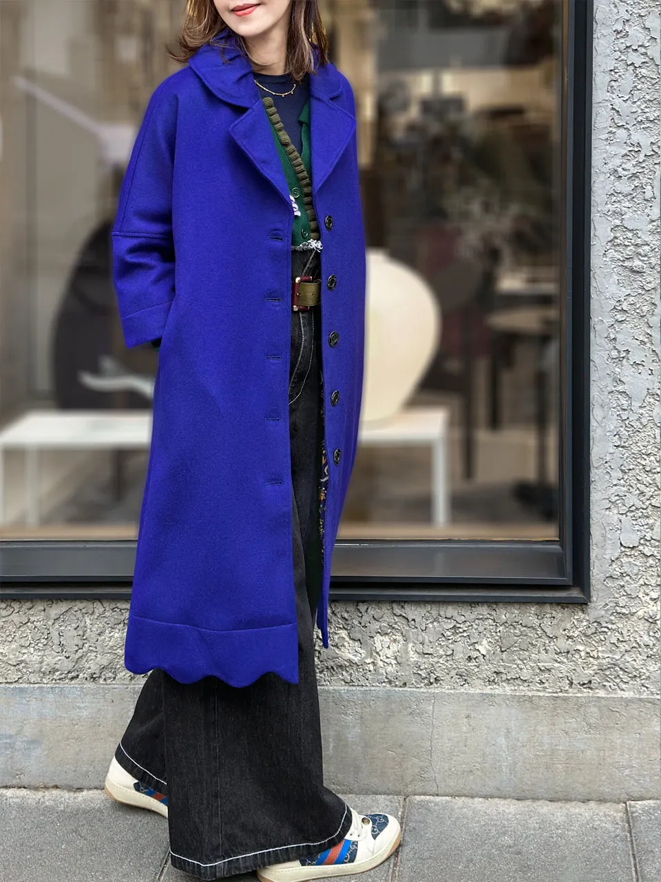 Last Chance! Vivid Blue Scalloped Hem Cashmere Wool Blend Coat