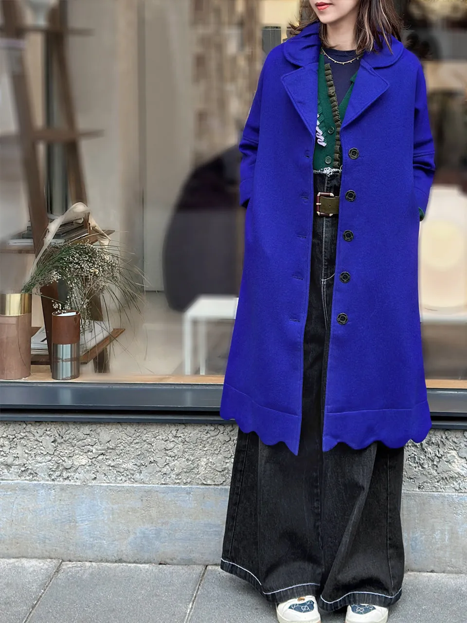 Last Chance! Vivid Blue Scalloped Hem Cashmere Wool Blend Coat