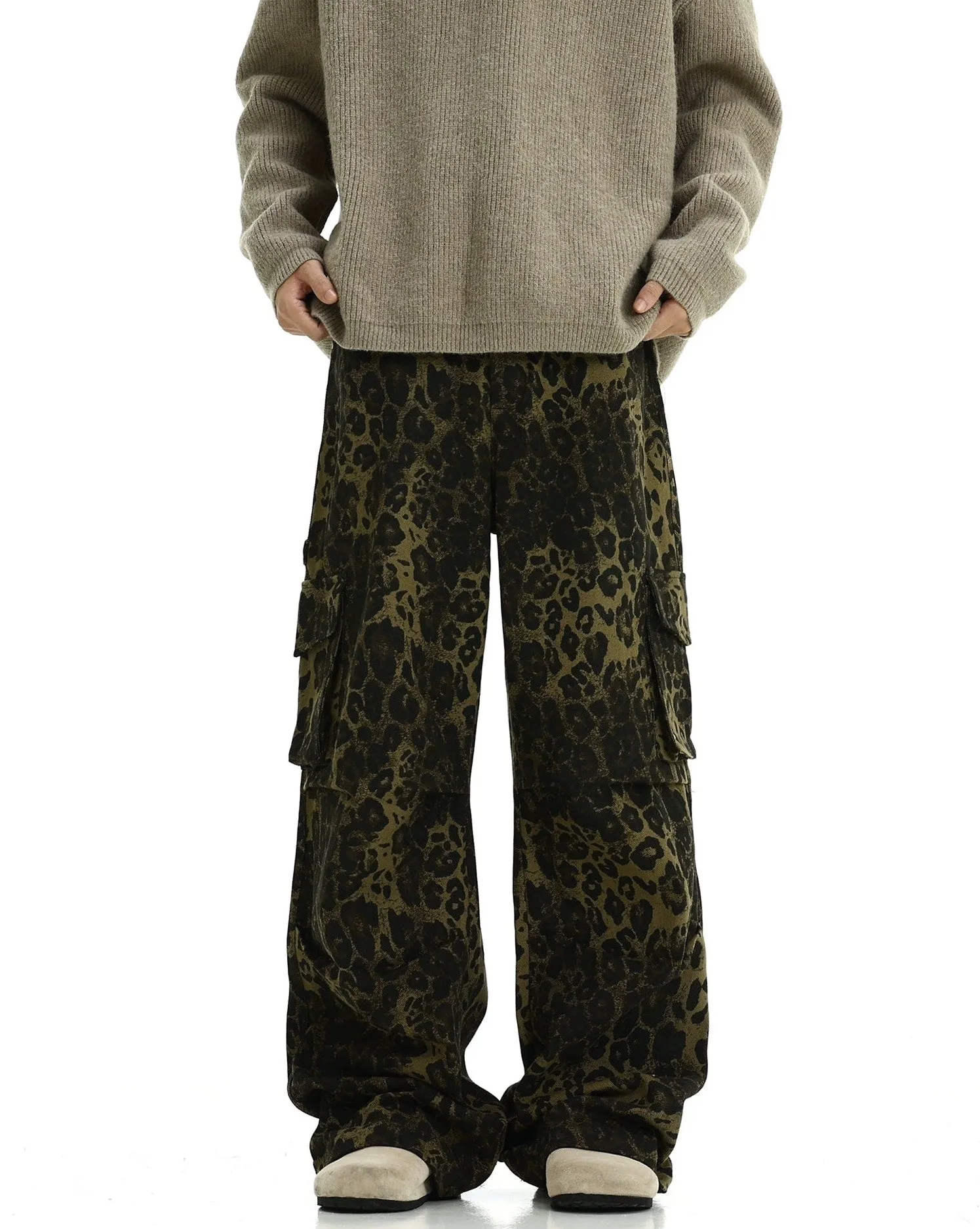 Leopard Print Cargo Pocketed Wide Leg Pants