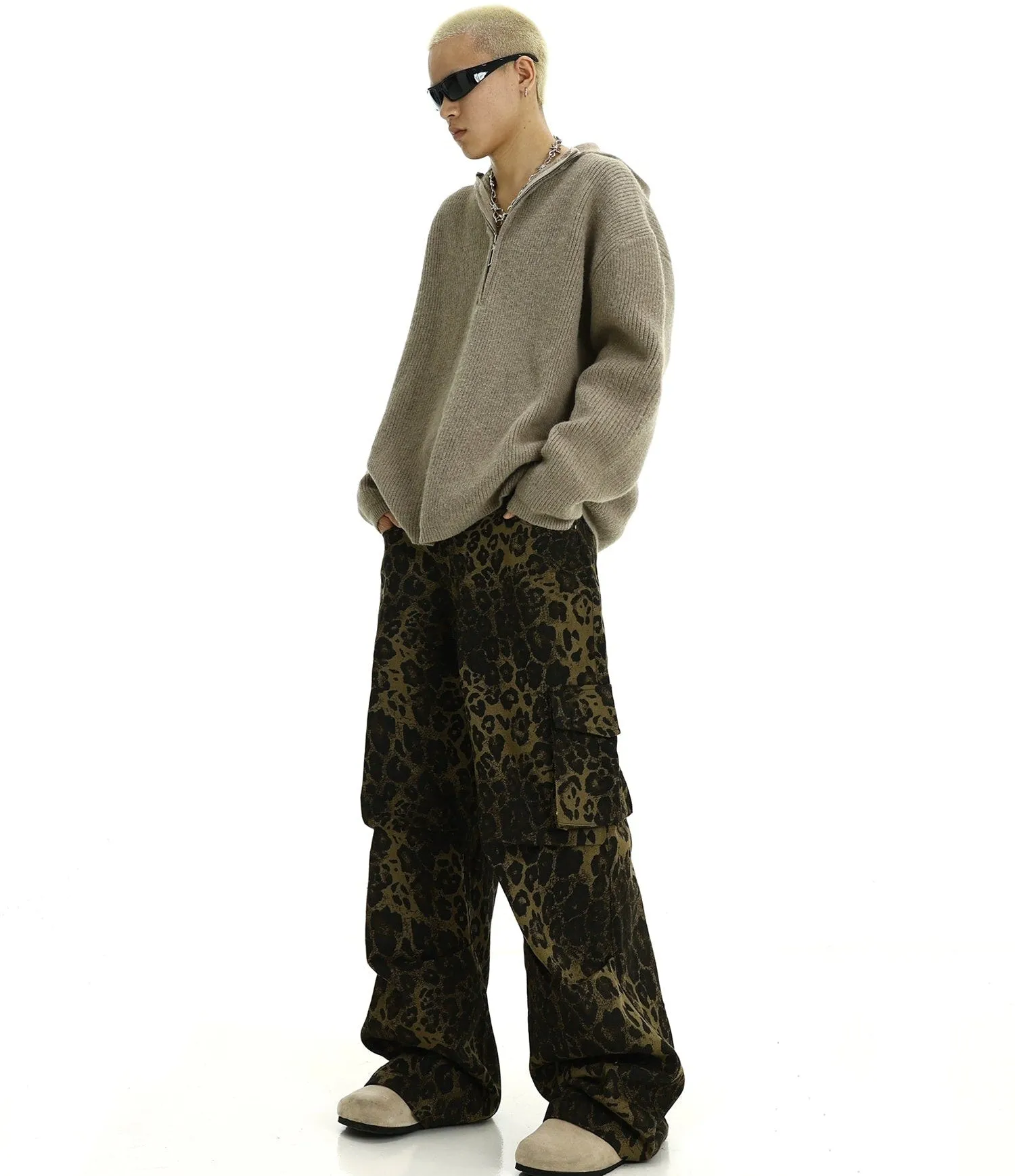 Leopard Print Cargo Pocketed Wide Leg Pants