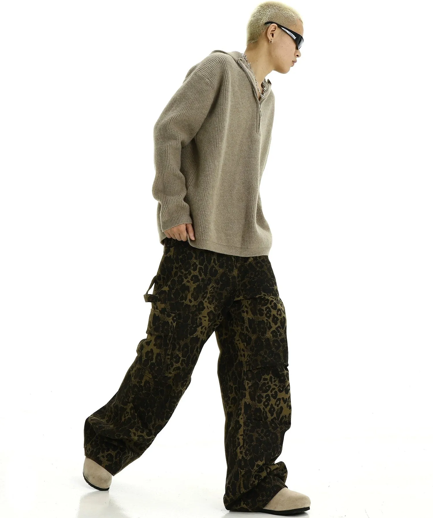 Leopard Print Cargo Pocketed Wide Leg Pants