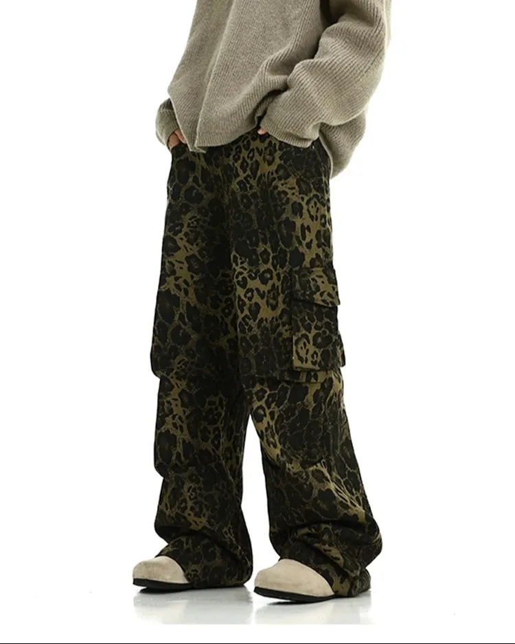 Leopard Print Cargo Pocketed Wide Leg Pants