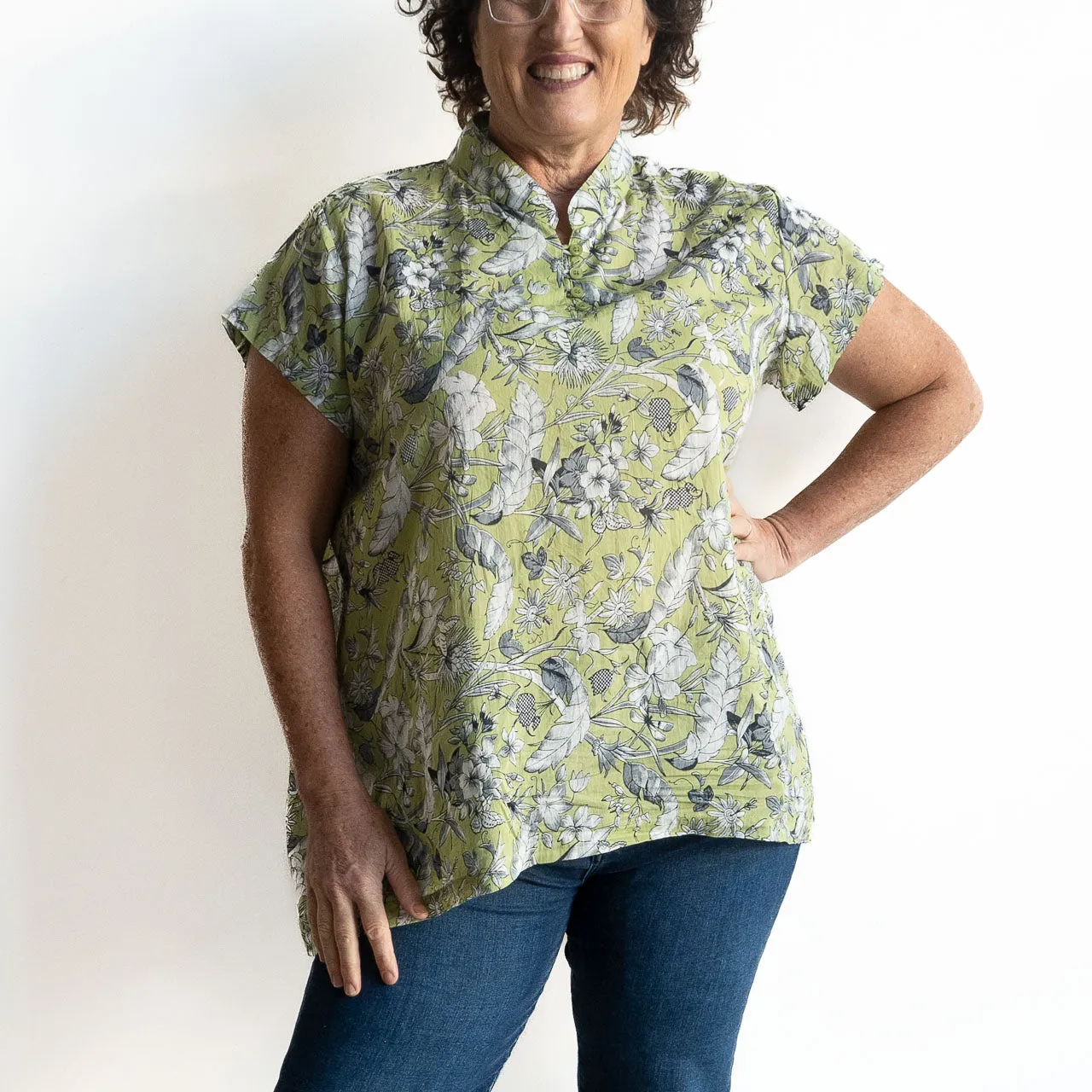 Loose Fit Cotton Tunic Top by KOBOMO - Botanical