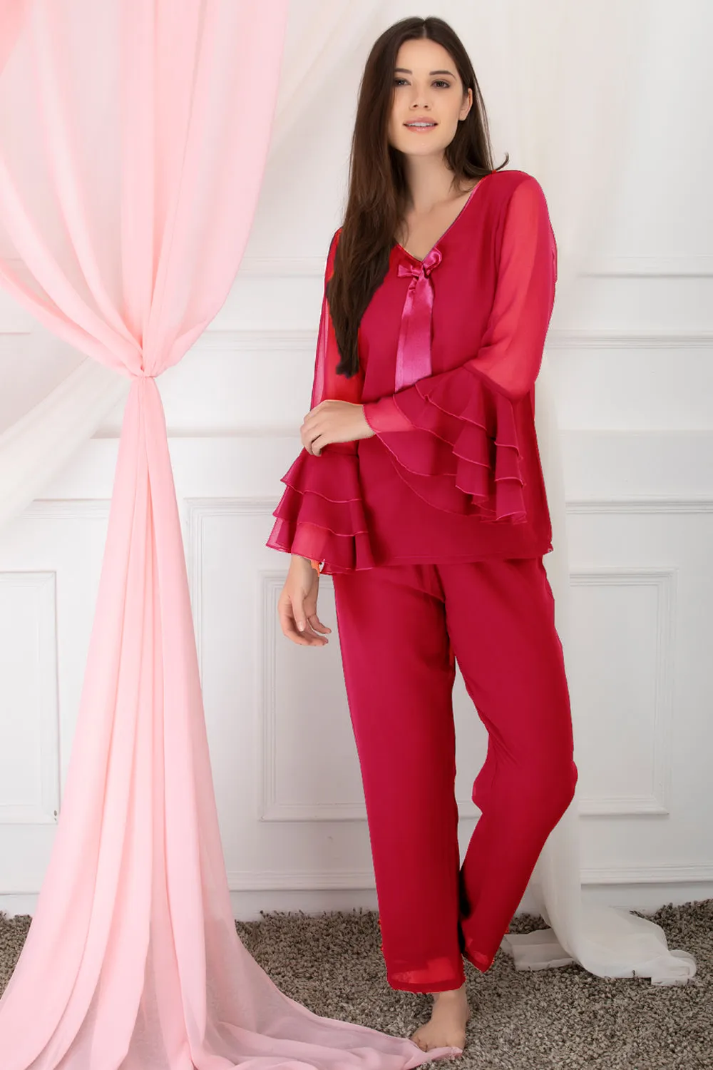 Luxe after-hours ruffled sleeve chiffon Night Suit