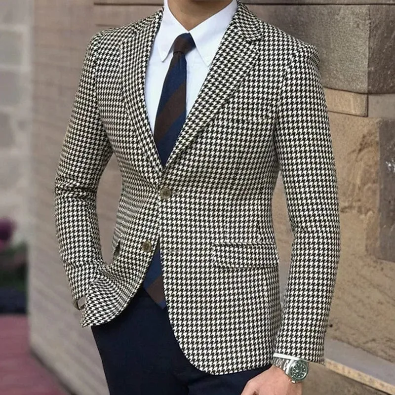 Luxury Houndstooth Men's Plaid Pattern Slim Fit Business Blazer Suit Jacket